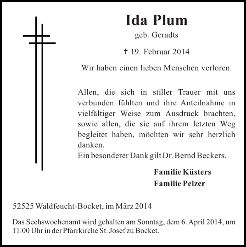 Traueranzeigen Von Ida Plum Aachen Gedenkt