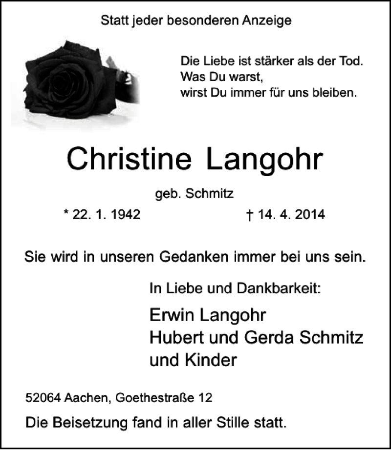 Traueranzeigen Von Christine Langohr Aachen Gedenkt