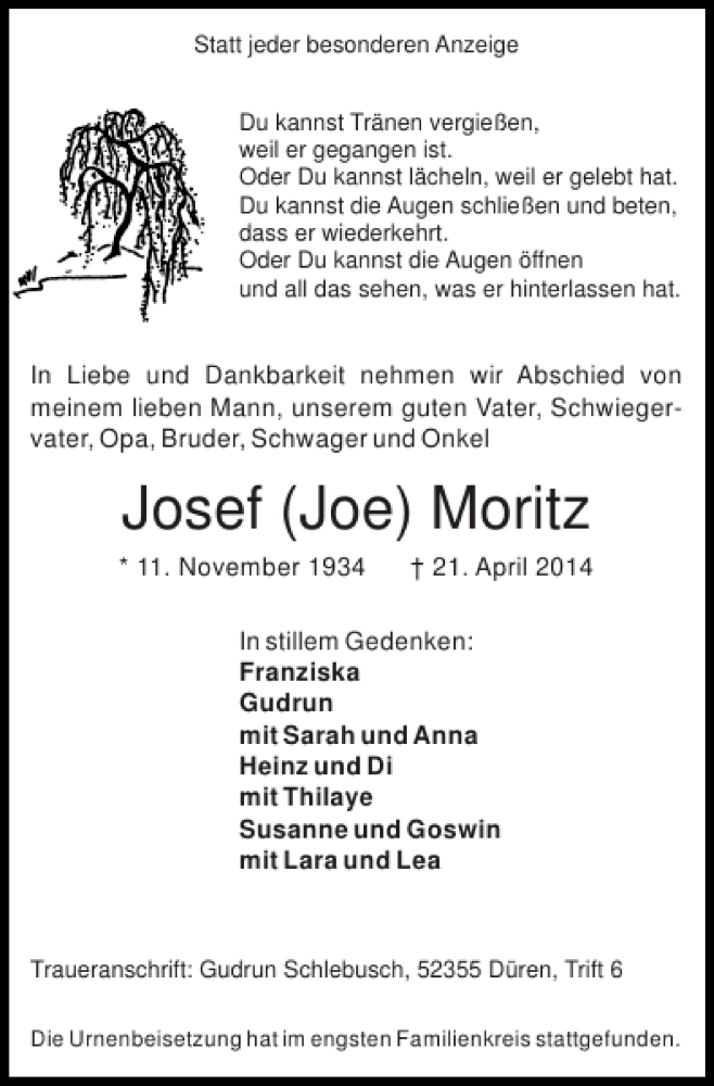 Traueranzeigen Von Josef Joe Moritz Aachen Gedenkt