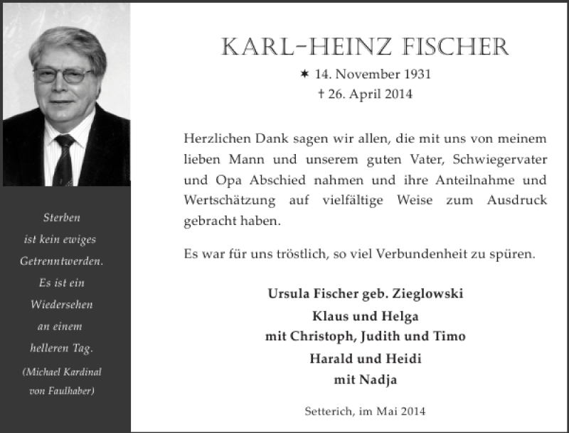 Traueranzeigen Von Karl Heinz Fischer Aachen Gedenkt