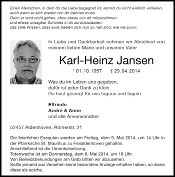 Traueranzeigen Von Karl Heinz Jansen Aachen Gedenkt