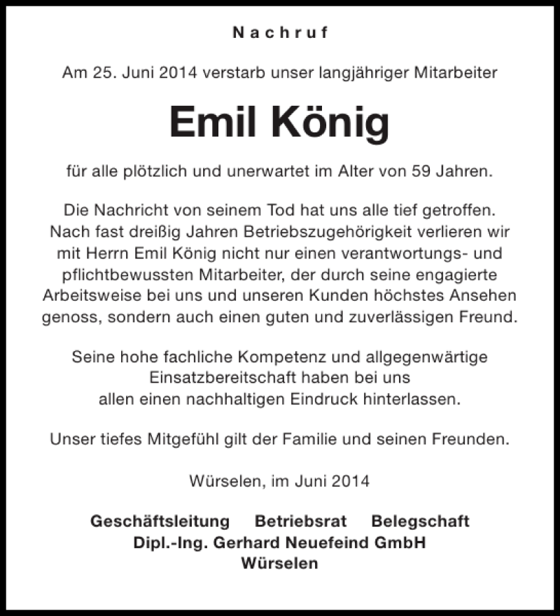 Traueranzeigen Von Emil K Nig Aachen Gedenkt