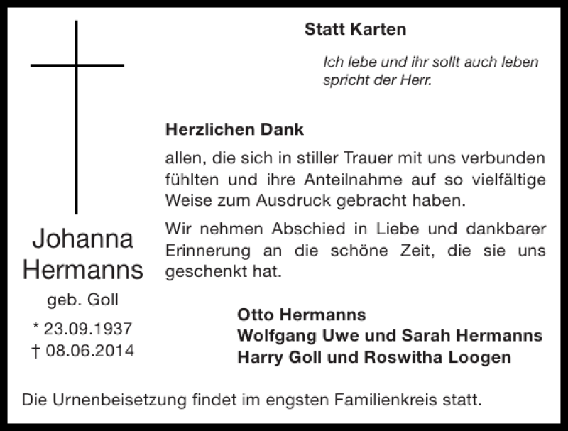 Traueranzeigen Von Johanna Hermanns Aachen Gedenkt