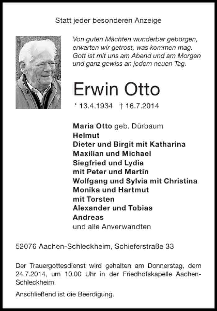 Traueranzeigen Von Erwin Otto Aachen Gedenkt