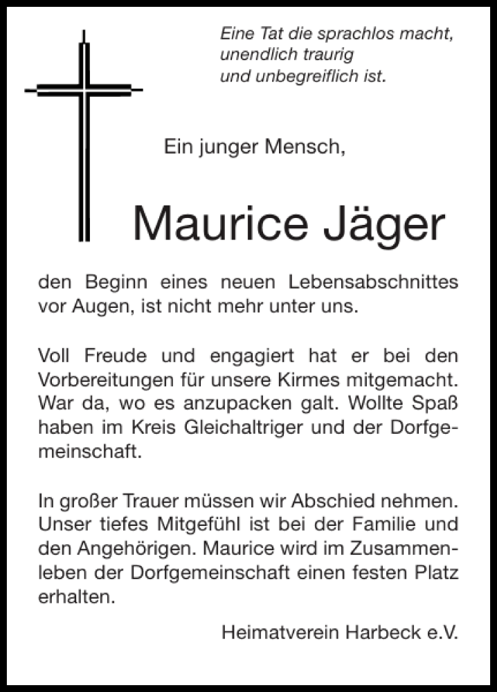 Traueranzeigen von Maurice Jäger Aachen gedenkt