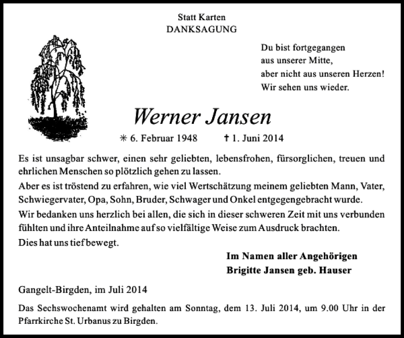 Traueranzeigen Von Werner Jansen Aachen Gedenkt