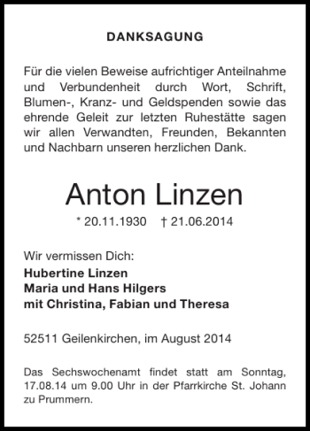 Traueranzeigen Von Anton Linzen Aachen Gedenkt