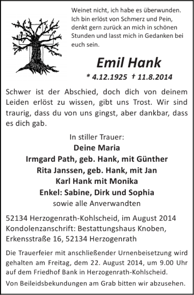 Traueranzeigen Von Emil Hank Aachen Gedenkt