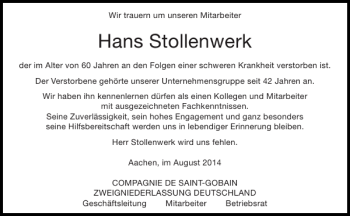 Traueranzeigen Von Hans Stollenwerk Aachen Gedenkt