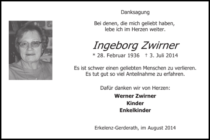 Traueranzeigen Von Ingeborg Zwirner Aachen Gedenkt