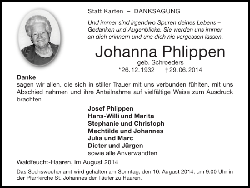 Traueranzeigen Von Johanna Phlippen Aachen Gedenkt