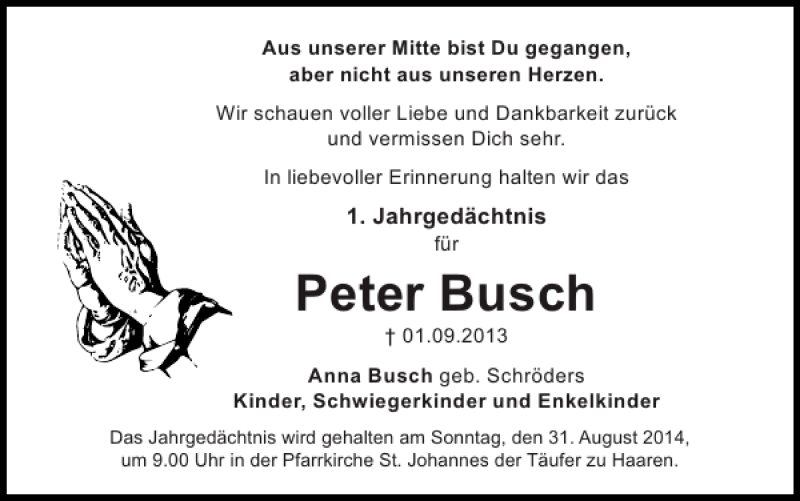 Traueranzeigen Von Peter Busch Aachen Gedenkt