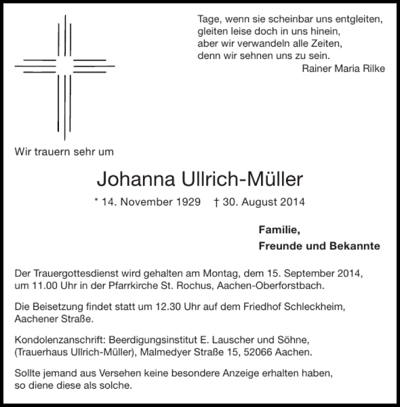 Traueranzeigen Von Johanna Ullrich M Ller Aachen Gedenkt