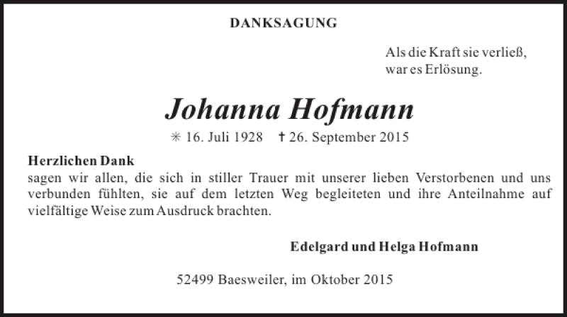 Traueranzeigen Von Johanna Hofmann Aachen Gedenkt