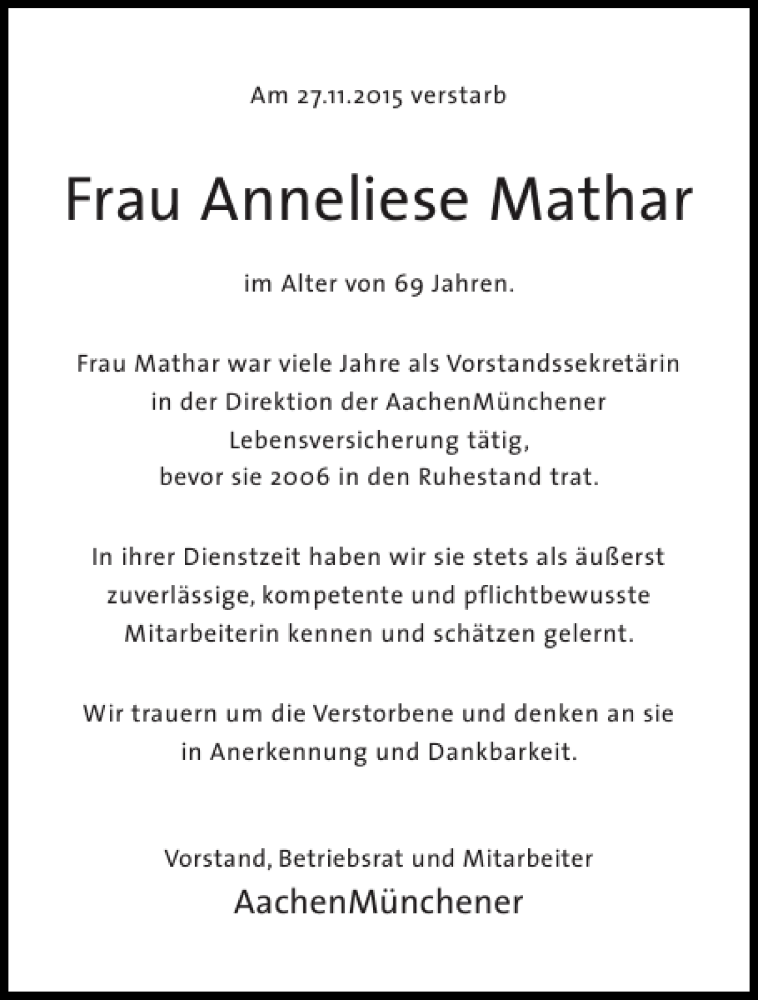 Traueranzeigen Von Frau Anneliese Mathar Aachen Gedenkt