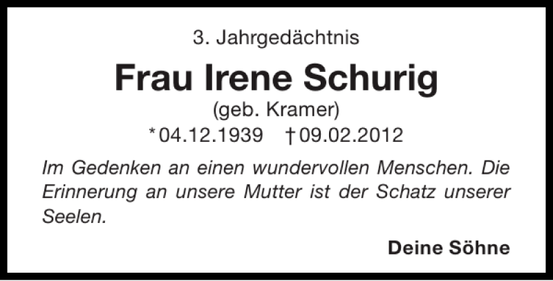 Traueranzeigen Von Frau Irene Schurig Aachen Gedenkt