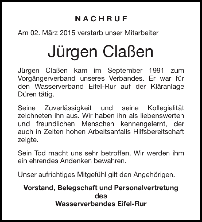 Traueranzeigen Von J Rgen Cla En Aachen Gedenkt