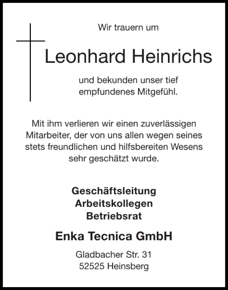 Traueranzeigen Von Leonhard Heinrichs Aachen Gedenkt