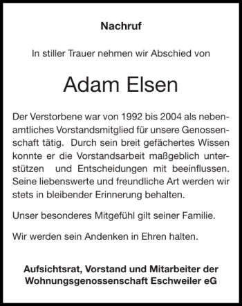 Traueranzeigen Von Adam Elsen Aachen Gedenkt