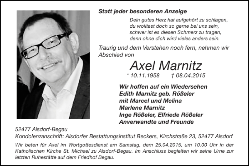 Traueranzeigen Von Axel Marnitz Aachen Gedenkt