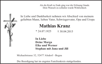 Traueranzeigen Von Mathias Kranz Aachen Gedenkt