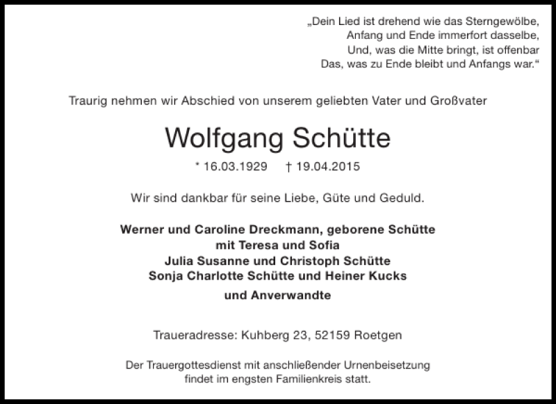 Traueranzeigen von Wolfgang Schütte Aachen gedenkt