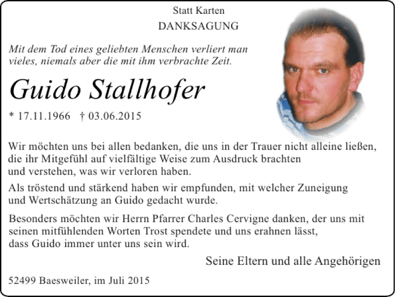 Traueranzeigen Von Guido Stallhofer Aachen Gedenkt