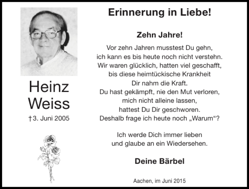 Traueranzeigen Von Heinz Weiss Aachen Gedenkt