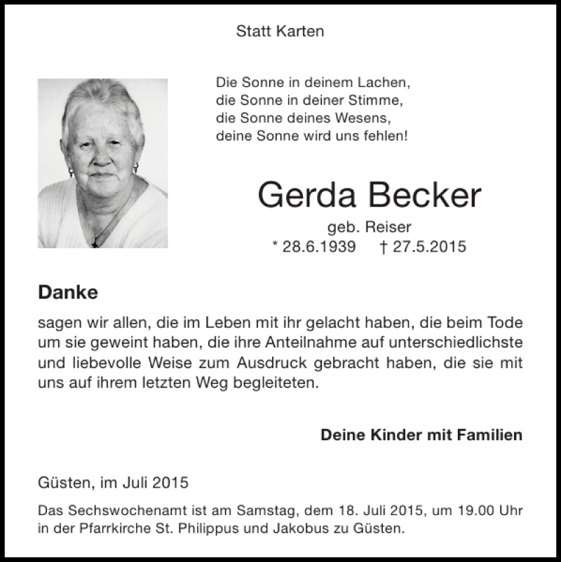 Traueranzeigen Von Gerda Becker Aachen Gedenkt