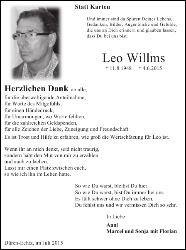 Traueranzeigen Von Leo Willms Aachen Gedenkt