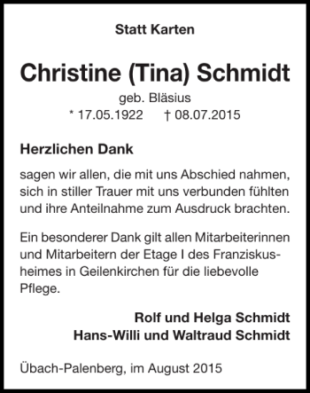 Traueranzeigen Von Christine Schmidt Aachen Gedenkt