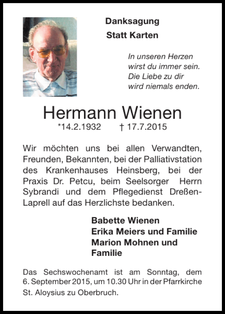 Traueranzeigen Von Hermann Wienen Aachen Gedenkt