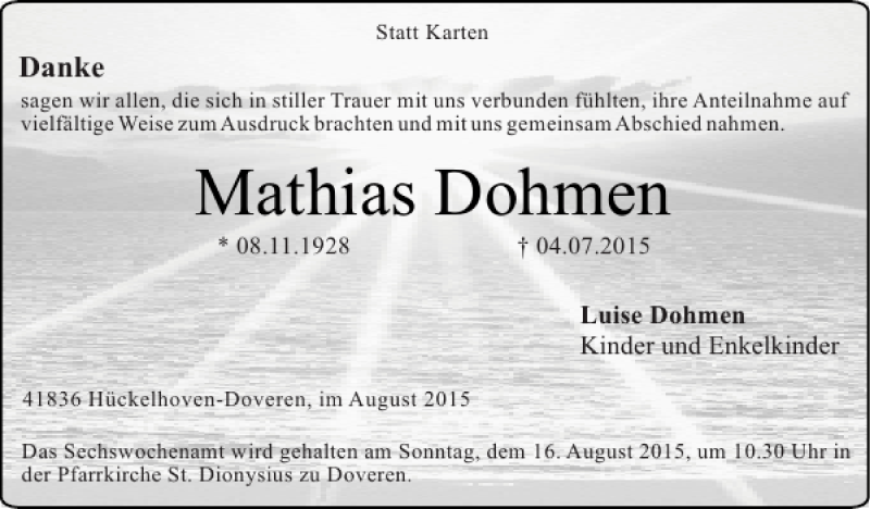 Traueranzeigen Von Mathias Dohmen Aachen Gedenkt