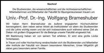 Traueranzeigen Von Univ Prof Dr Ing Wolfgang Brameshuber Aachen