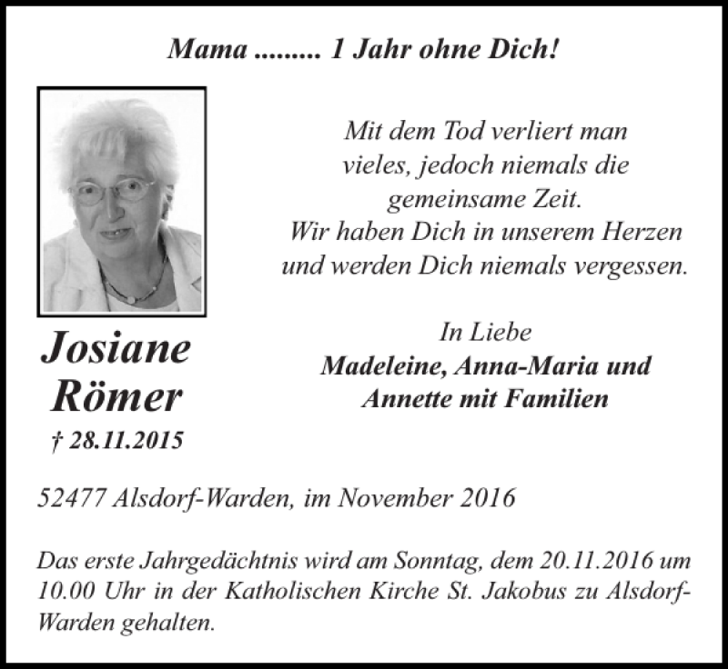 Traueranzeigen von Josiane Römer Aachen gedenkt