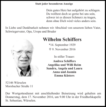 Traueranzeigen Von Wilhelm Schiffers Aachen Gedenkt