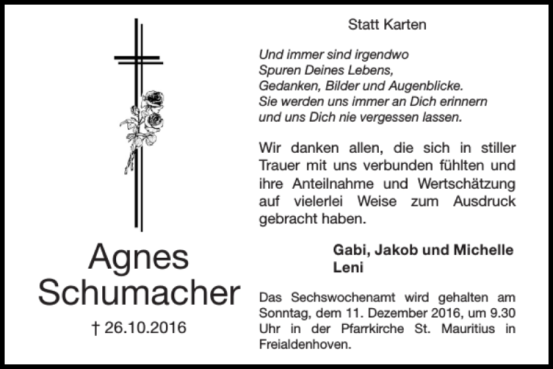 Traueranzeigen Von Agnes Schumacher Aachen Gedenkt