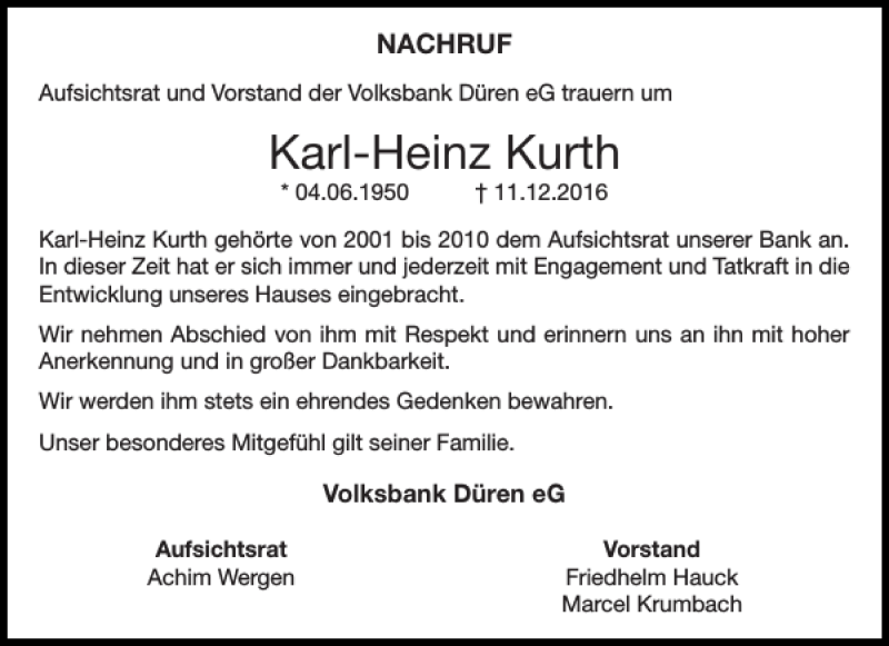 Traueranzeigen Von Karl Heinz Kurth Aachen Gedenkt