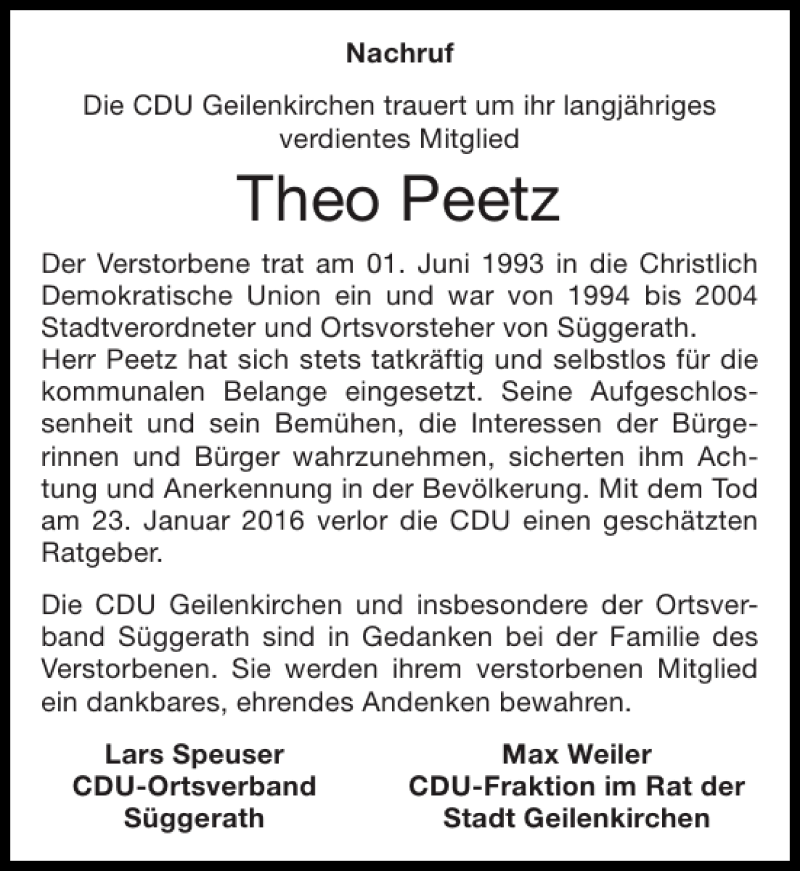 Traueranzeigen Von Theo Peetz Aachen Gedenkt