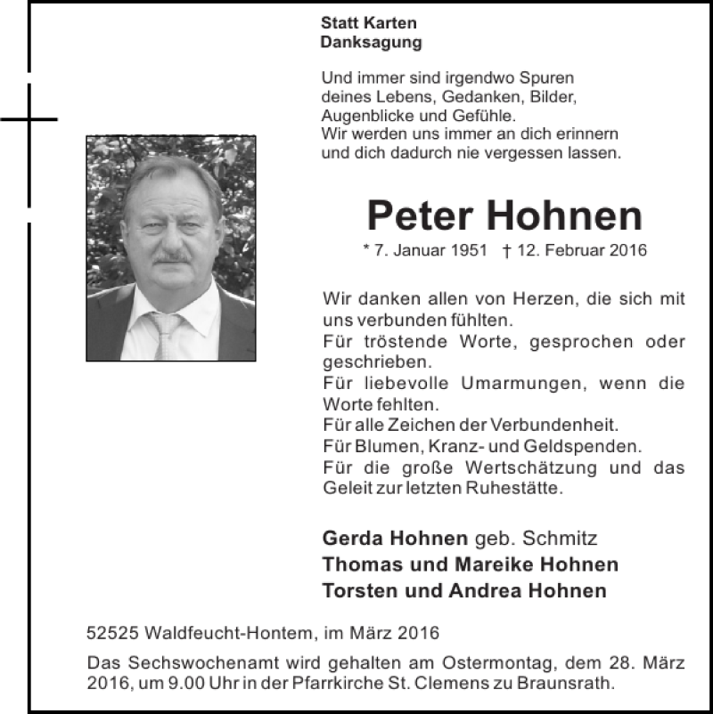 Traueranzeigen Von Peter Hohnen Aachen Gedenkt