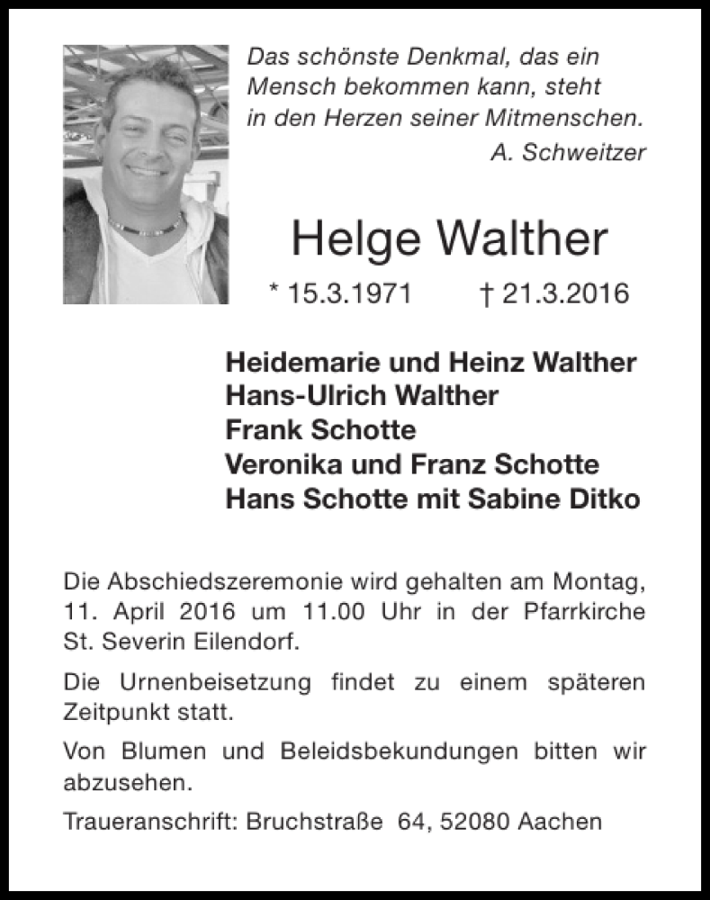 Traueranzeigen Von Helge Walther Aachen Gedenkt