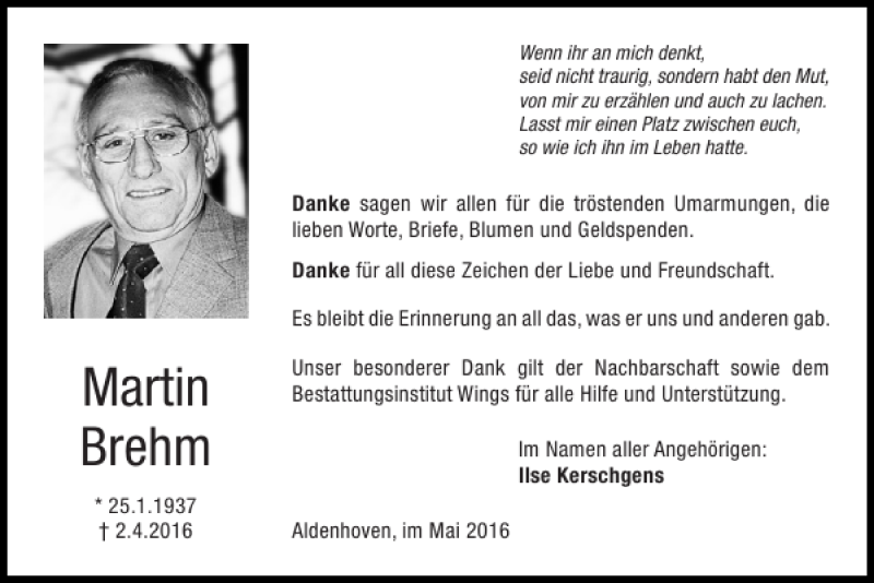 Traueranzeigen Von Martin Brehm Aachen Gedenkt