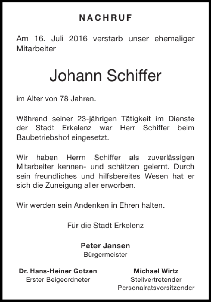 Traueranzeigen Von Johann Schiffer Aachen Gedenkt