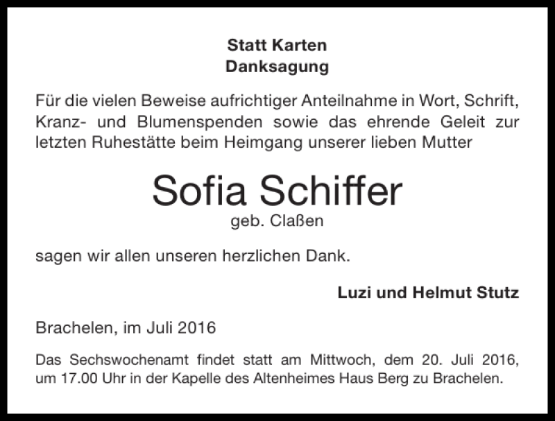 Traueranzeigen Von Sofia Schiffer Aachen Gedenkt