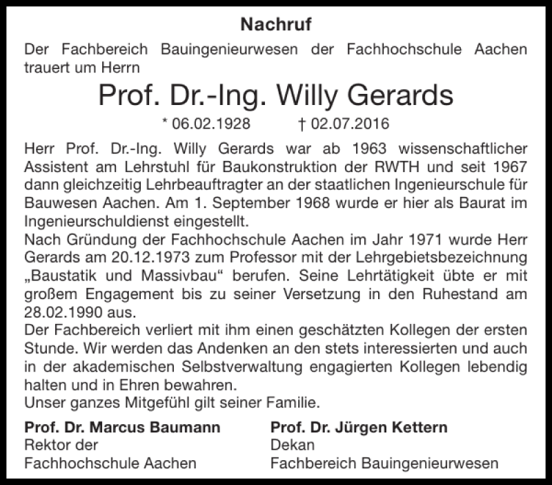 Traueranzeigen Von Prof Dr Ing Willy Gerards Aachen Gedenkt