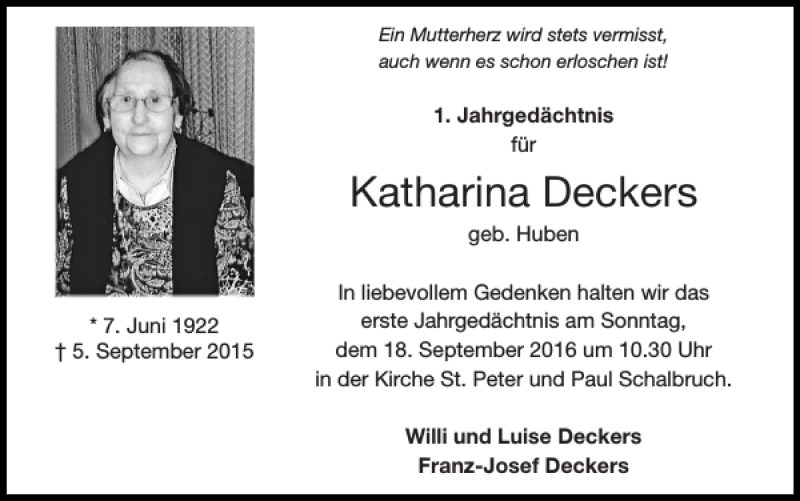 Traueranzeigen Von Katharina Deckers Aachen Gedenkt