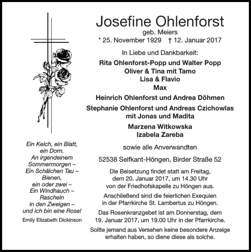 Traueranzeigen Von Josefine Ohlenforst Aachen Gedenkt