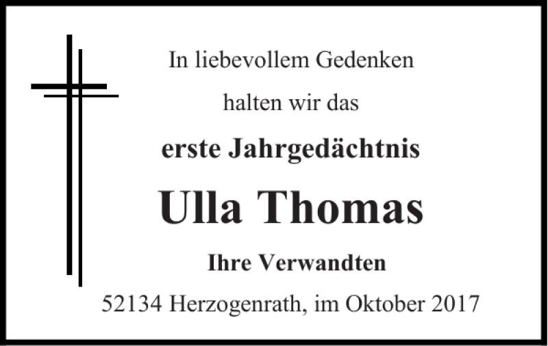 Traueranzeigen Von Ulla Thomas Aachen Gedenkt