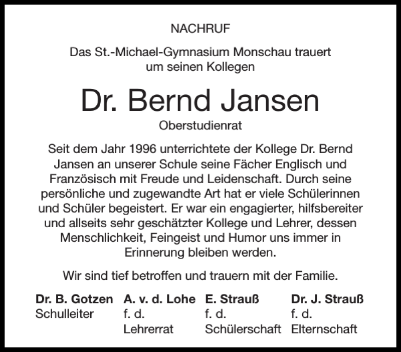 Traueranzeigen Von Dr Bernd Jansen Aachen Gedenkt