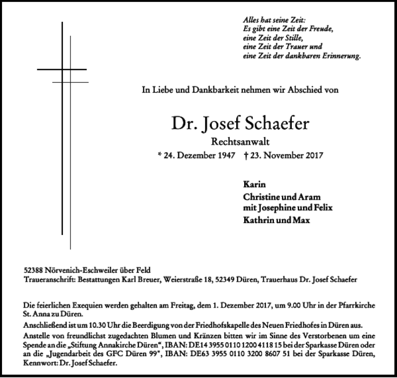 Traueranzeigen Von Dr Josef Schaefer Aachen Gedenkt